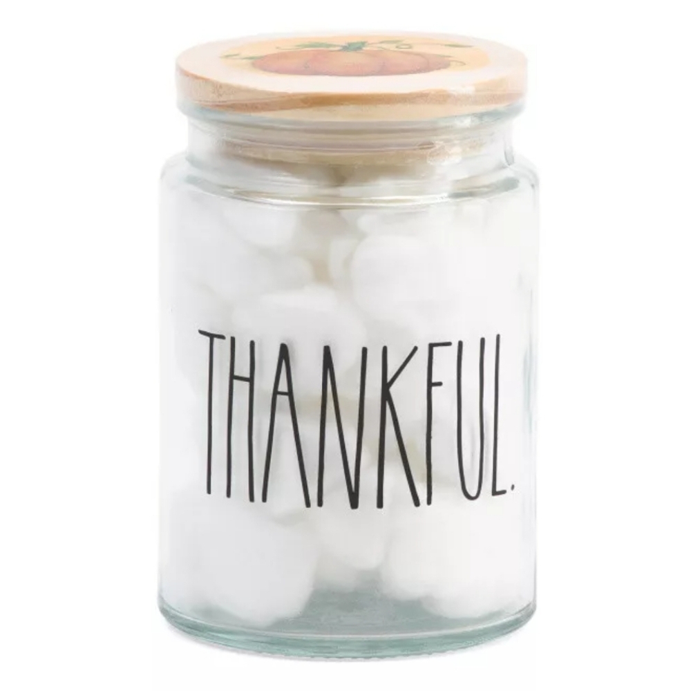 RAE DUNN THANKFUL Glass Cannister Wood W/ Cotton Balls BNWT 2021 Retired Magenta